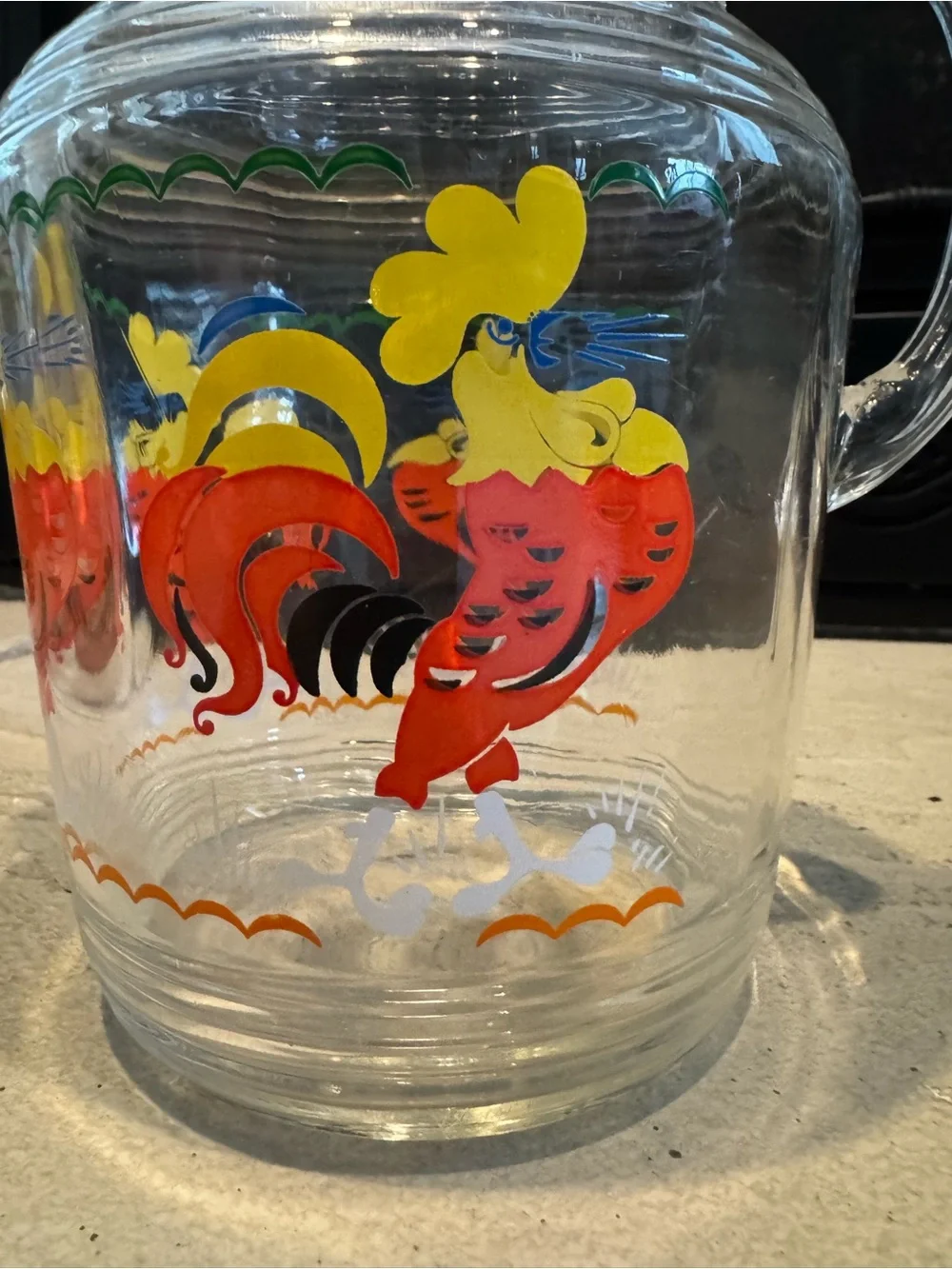 Vintage Clear Glass Pitcher with Bright Roosters - Great Design !